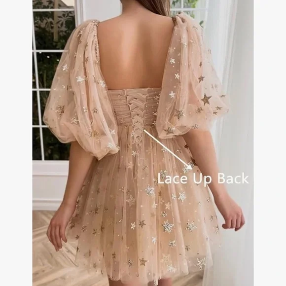 Elegant Starry Cream and Gold Baby Doll Dress - Picture 2 of 8